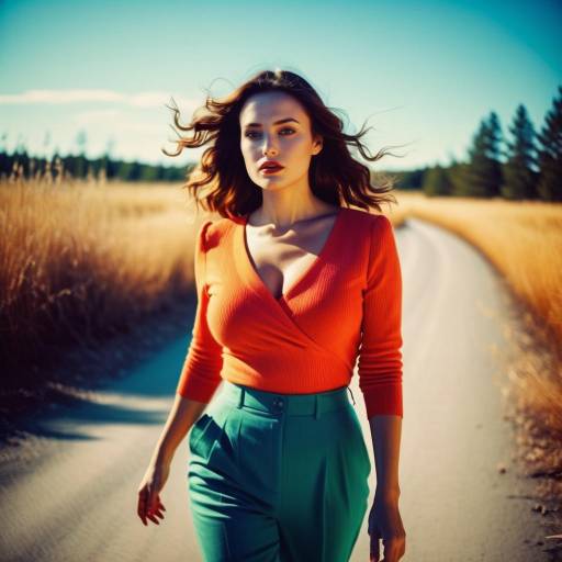 Photograph of a confident brunette woman in a red and green belted dress, walking down a sunlit autumn street with parked cars and illuminated storefronts
