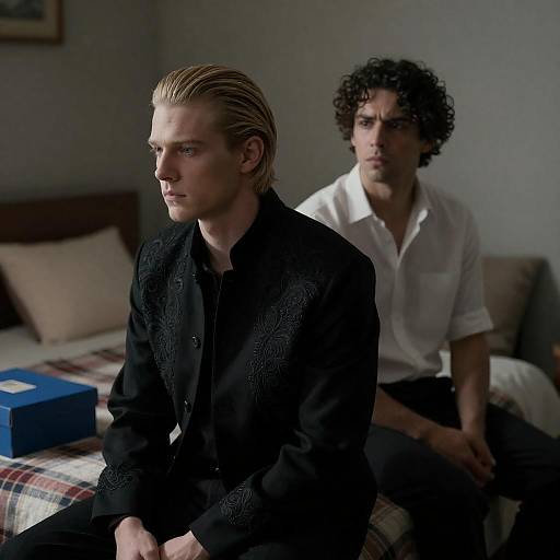 Photograph of two men in a dimly lit bedroom; front man with blonde hair, black shirt, serious expression; curly-haired man in white shirt