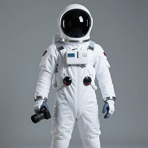 Photograph of a realistic astronaut in a white spacesuit with a black visor, holding a camera, against a gray background.
