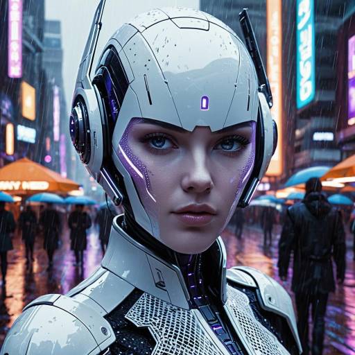 Female Android in Rainy Futuristic City