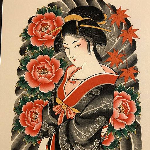 Traditional Japanese woodblock print of a serene woman in a black kimono with red accents, surrounded by vibrant red peonies and autumn leaves.