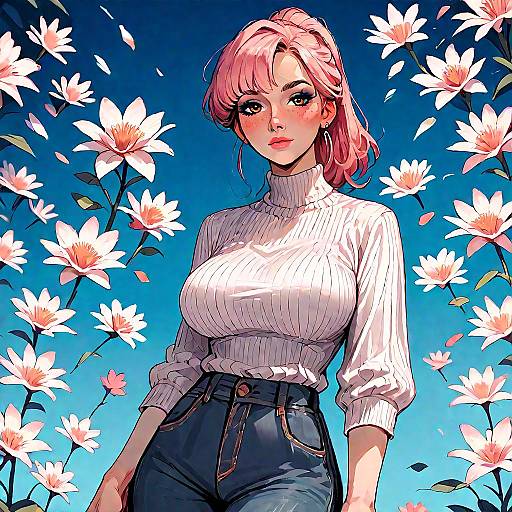 Digital anime-style drawing of a pink-haired woman with large breasts, wearing a white turtleneck and high-waisted jeans, surrounded by blooming