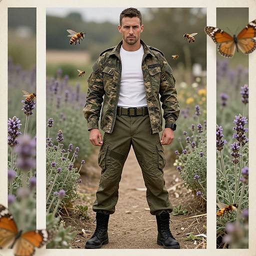 Photograph of a muscular, bearded man in camouflage jacket, white t-shirt, olive pants, standing in lavender field with butterflies.