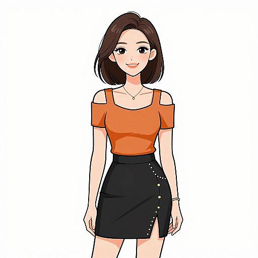 Digital anime-style drawing of a smiling young woman with fair skin, brown bob haircut, wearing an orange off-shoulder top and black skirt with button