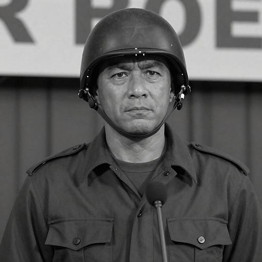 Grainy Black-and-White Military Helmet Portrait