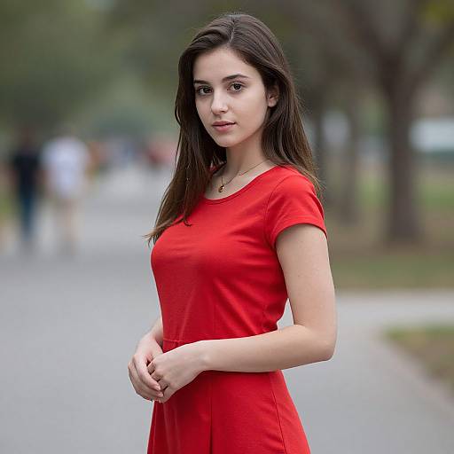 Realistic Red Dress Woman Outdoors