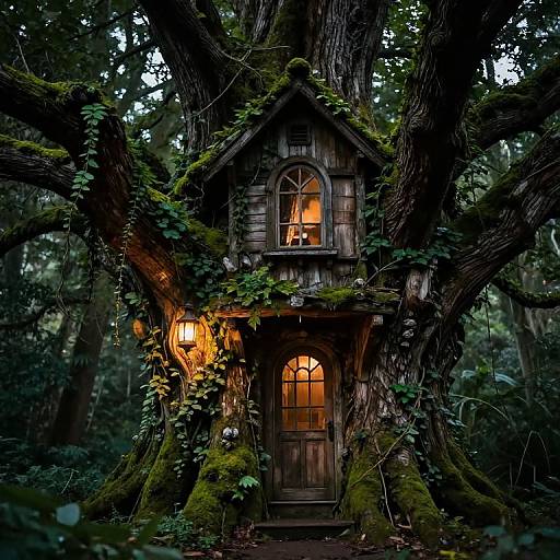 Photograph of a whimsical, rustic wooden treehouse nestled in a dense, dark forest. Warm yellow lights glow from arched window and lantern,