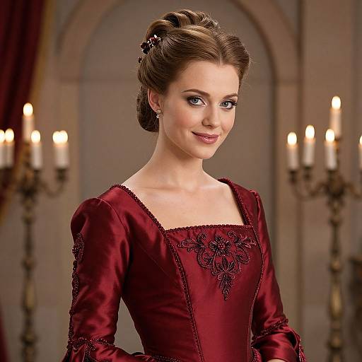 Photograph of a fair-skinned woman with blue eyes, brown hair in an updo, wearing a red, lace-trimmed, Victorian-style