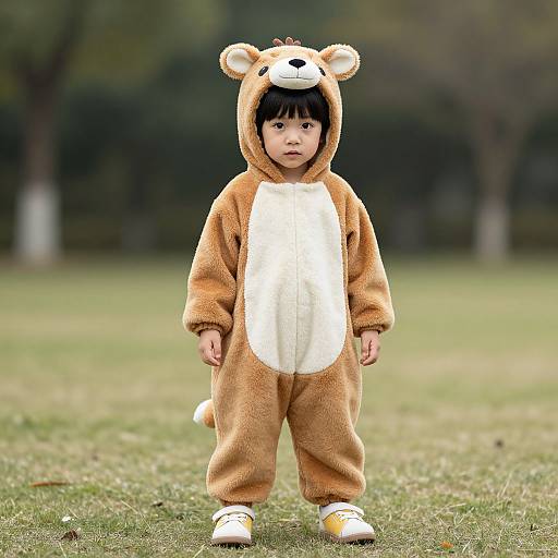 Photograph of a young Asian boy standing in a park wearing a brown and white bear costume with bear ears, white shoes, and neutral expression. Background