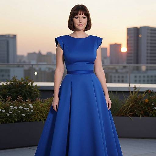 Photograph of a fair-skinned woman with a bob haircut, wearing a vibrant blue, sleeveless, floor-length gown, standing on a rooftop at