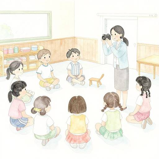 Watercolor illustration of a Japanese preschool teacher with black hair, wearing a blue shirt and gray skirt, teaching six young children seated on the floor in a