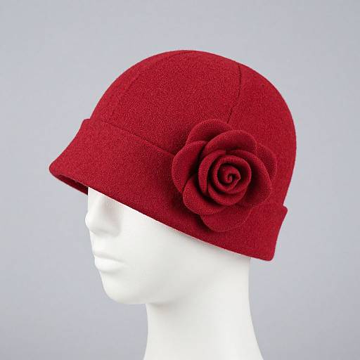 Photograph of a white mannequin head wearing a vibrant red, textured cloche hat adorned with a detailed fabric rose on the side, against a