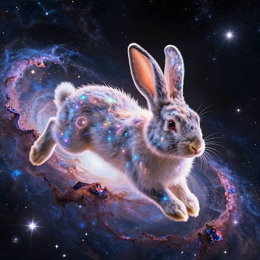 Digital art of a glowing, white rabbit with blue and pink light orbs, floating in a cosmic, star-filled nebula.
