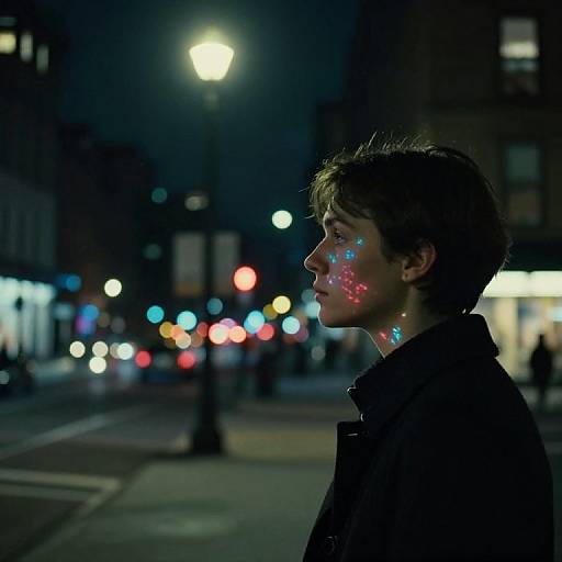 Night city street photograph: Young man with short brown hair, illuminated face with colorful glowing dots, profile view, dark coat, blurred streetlights and bo