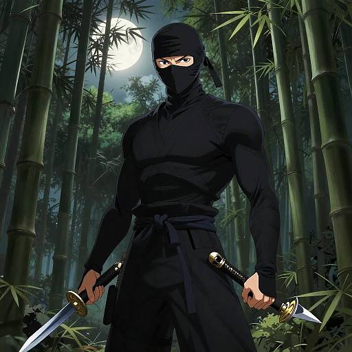 Muscled ninja in black mask and attire, holding two swords, stands in a moonlit bamboo forest, ready for battle. Digital art.