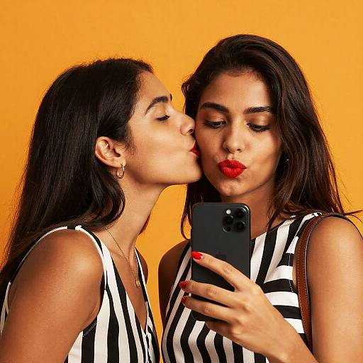 Photograph of two women with long dark hair, kissing lips near red lipstick, wearing striped black-and-white tops, against orange background, one holding a