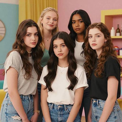 Group of Tween Girls in Casual Outfits on Colorful Set