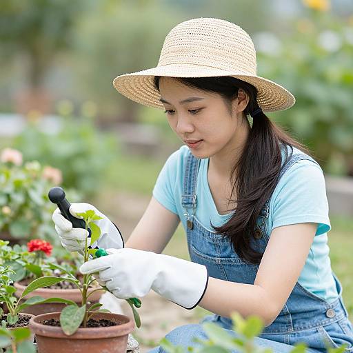 Photograph of an Asian woman with long black hair, wearing a straw hat, white gloves, and blue overalls, pruning a potted plant with