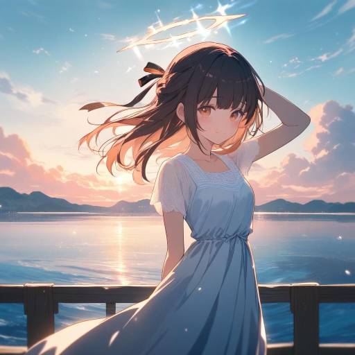 Serene Sunset: Young Woman by Lake
