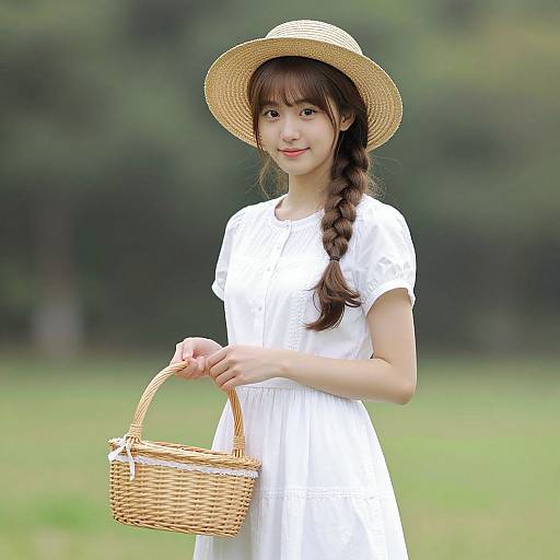 Photograph of an Asian woman with long brown hair in a braid, wearing a white dress and straw hat, holding a wicker basket, standing