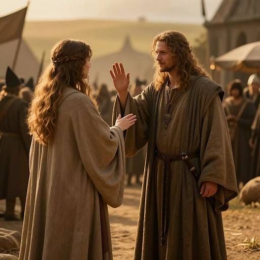 Photograph of two long-haired, brown-robed medieval figures, one waving, standing in a sunlit village with tents and people in the background.