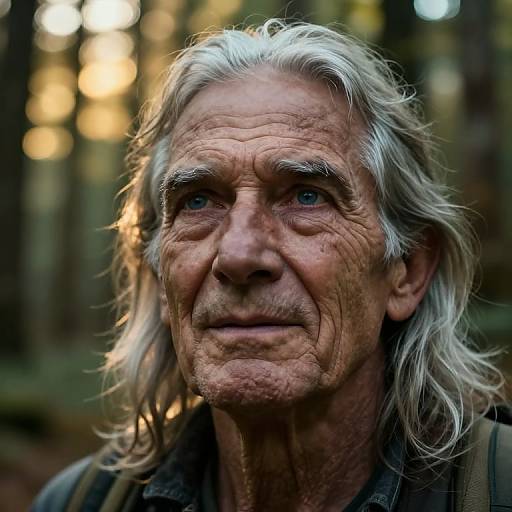 Photograph of a weathered, elderly man with long, white, unkempt hair, deep wrinkles, and blue eyes, standing in a forest with