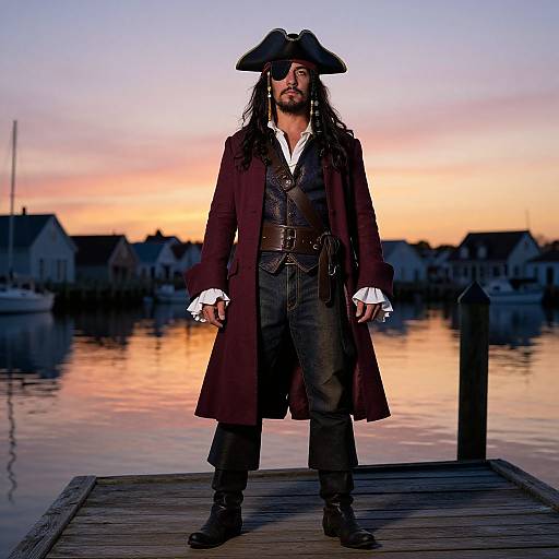 Photograph of a bearded man in a pirate costume with a tricorn hat, long red coat, and black pants, standing on a wooden dock