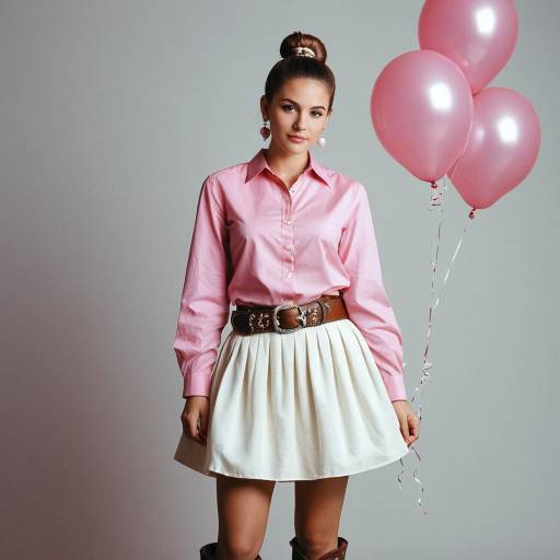 Young woman in pink shirt and white skirt with balloons