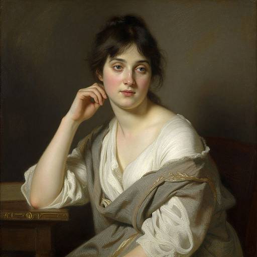 Classical oil painting of a young woman with fair skin, dark hair, and rosy cheeks, wearing a white blouse and grey shawl, resting