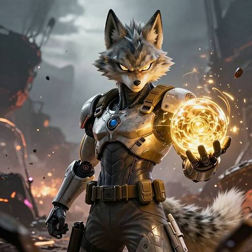 CGI image of a fierce, anthropomorphic fox in a futuristic armored suit, holding a glowing, fiery orb, amidst a war-torn industrial background