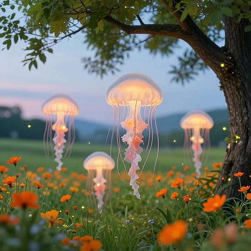 Photograph of glowing jellyfish-shaped lanterns hanging in a vibrant orange poppy field, illuminated by soft evening light, with a tree and distant hills