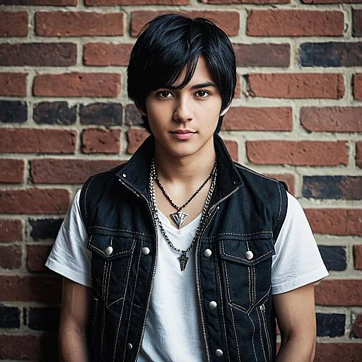 Casual Young Man in Vest Against Brick Wall