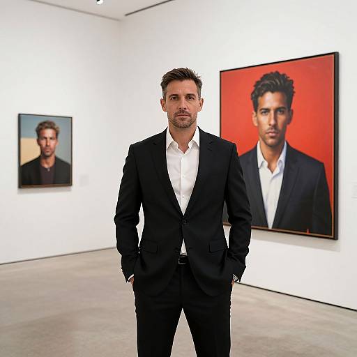 Photograph of a bearded man in a black suit standing in an art gallery, with two large portraits of himself on red and beige backgrounds behind him