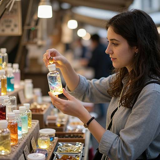 Photograph of a young woman with wavy brown hair, wearing a gray shirt, examining a glowing glass jar at a brightly lit market stall filled with