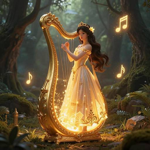 Digital fantasy artwork of a fairytale princess with long black hair, wearing a glowing golden harp dress, playing an ornate harp, surrounded