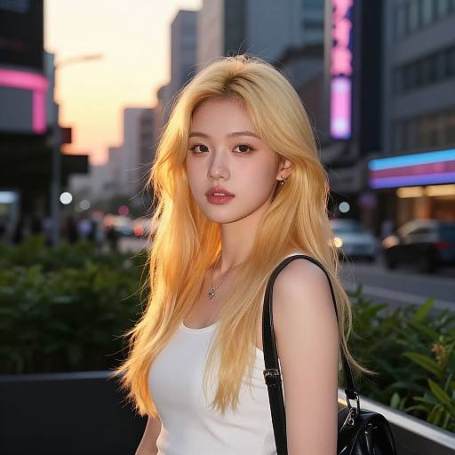 Photograph of a young Asian woman with long blonde hair, wearing a white tank top, black shoulder bag, standing in a neon-lit urban street