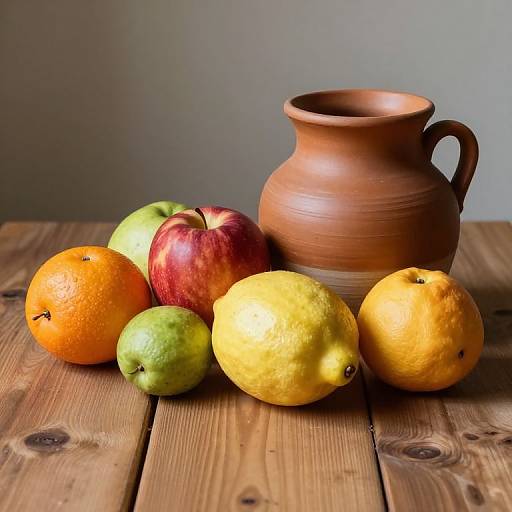 Photograph of a rustic wooden table with a brown clay jug, assorted fruits (orange, green apple, red apple, lemon, yellow pear, orange