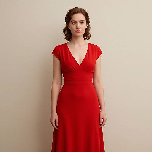 Photograph of a fair-skinned woman with brown, wavy hair wearing a red, V-neck, short-sleeved evening gown, standing against