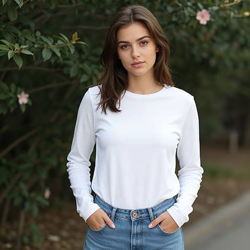Photograph of a young woman with long brown hair, wearing a white long-sleeve shirt and blue jeans, standing against a dark green, leaf