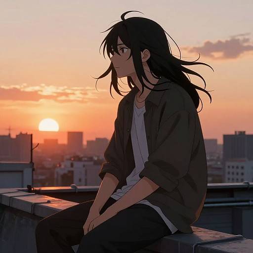 Anime-style digital drawing of a black-haired girl in a dark jacket and white shirt, sitting on a rooftop at sunset, city skyline in the background.