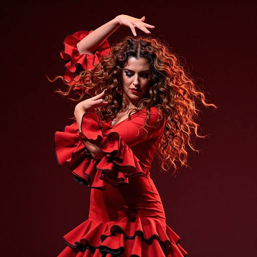 Photograph of a curly-haired woman in a red, ruffled dress, dramatically posing against a dark red background, with intense lighting highlighting her expressive gesture