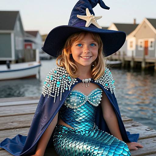 Photograph of a smiling blonde girl in a blue mermaid costume with scales, blue cape, and witch hat, sitting on a wooden dock by a