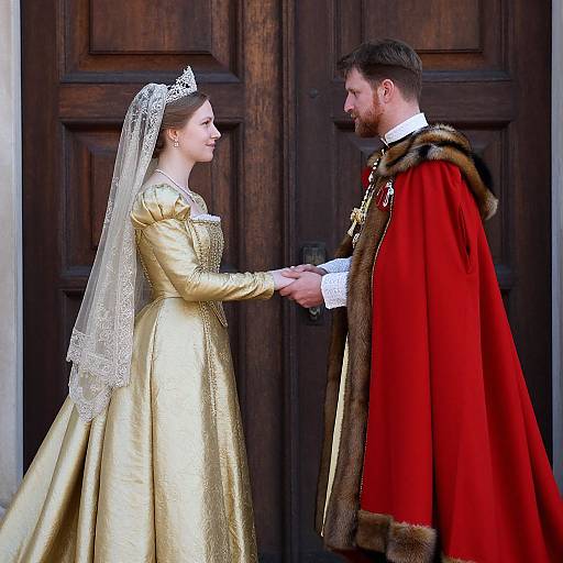 Photograph of a fair-skinned woman in a gold, lace-trimmed gown and veil holding hands with a bearded man in a red,