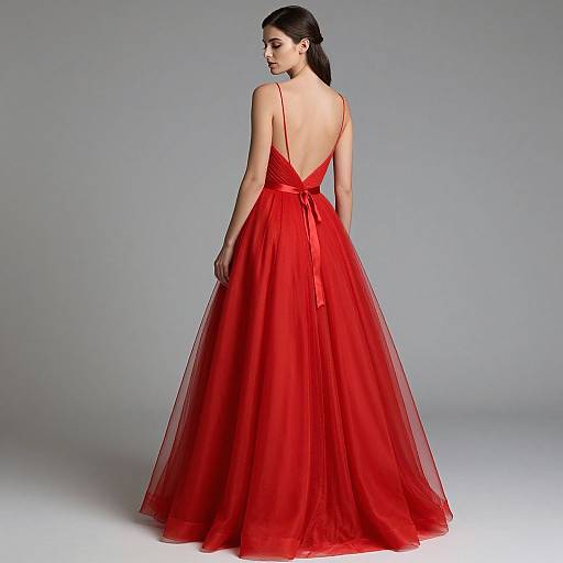 Photograph of a slender woman with dark hair in a red, backless, floor-length ball gown, standing against a plain gray background.