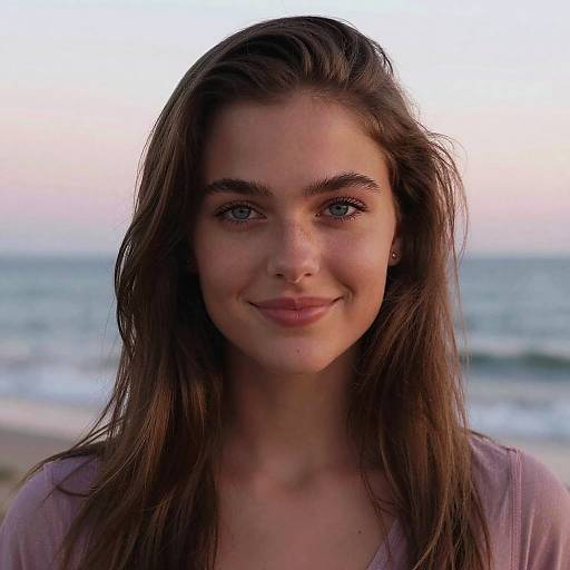 Young Woman Smiling by the Ocean at Sunset