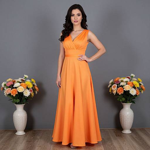 Photograph of a woman with long black hair, wearing a vibrant orange, sleeveless, V-neck, floor-length dress, standing between two white v