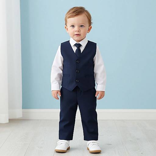 Photograph of a cute, blonde toddler boy in a dark navy vest, white shirt, black tie, and navy pants, standing against a light blue
