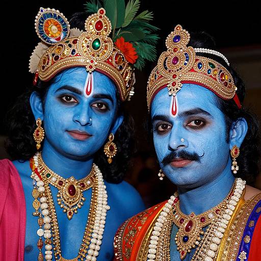 Photograph of two people with blue-painted faces, wearing ornate gold and gemstone crowns, matching jewelry, and traditional attire, against a