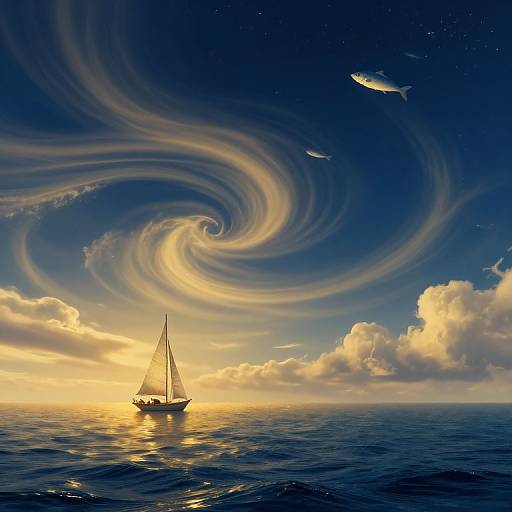 Photograph-style digital art of a sailboat on calm ocean at sunset, with swirling clouds and two fish in a starry sky.