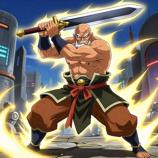 Muscular, bald, bearded man with blue eyes, wielding sword, surrounded by yellow energy, wearing black pants with red sash, in futuristic